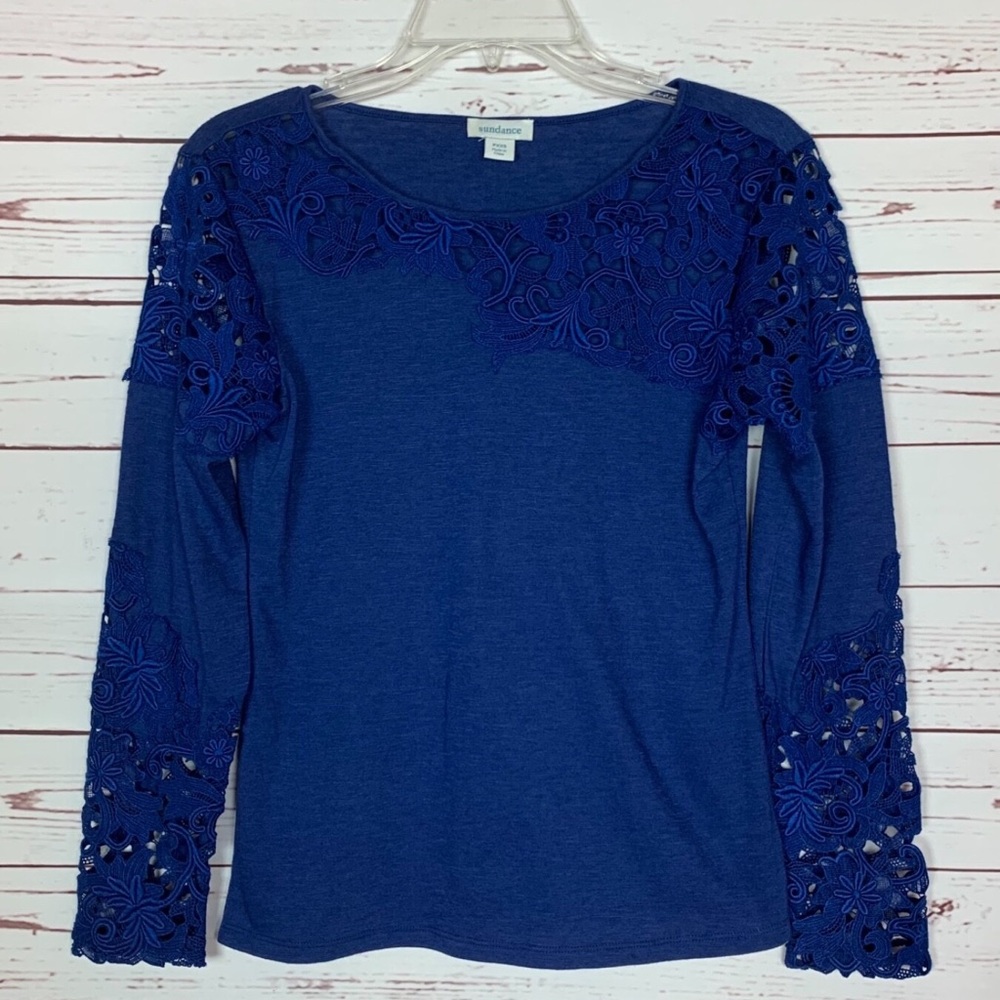 Sundance Royal Blue Floral Cut Out Lace Long Sleeve Top